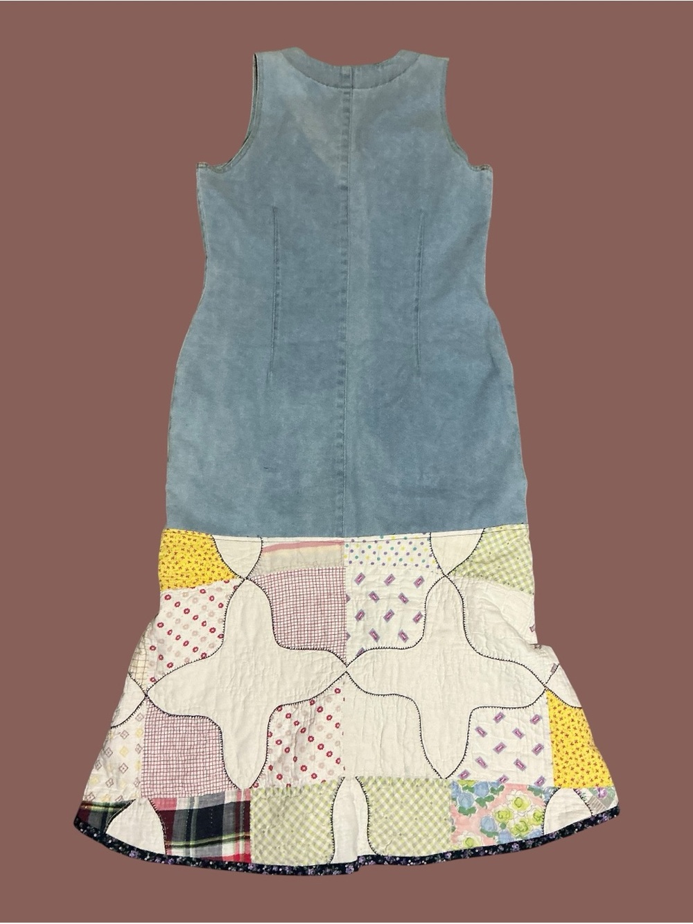 Vintage Reworked Denim Quilt Dress Upcycled Patchwork Prairie Midi Dress - Picture 2 of 6